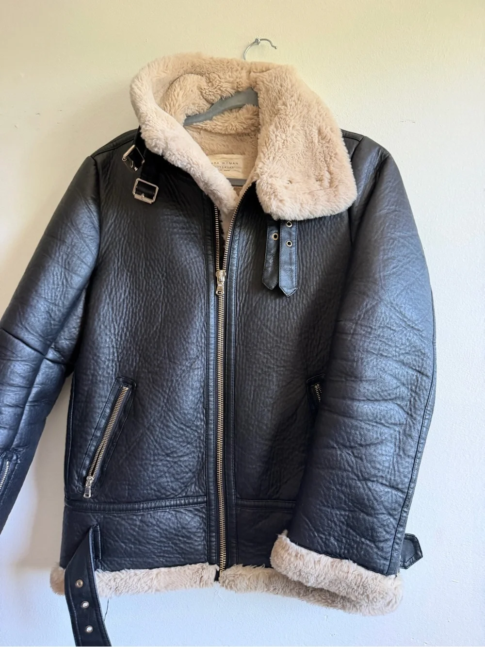 Black Shearling-Trim Leather Jacket - Women's size XS